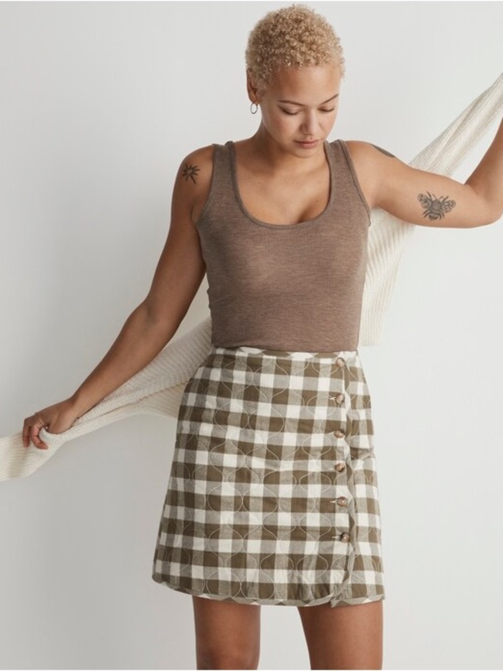 Madewell 100% Cotton Curvy Quilted Flannel Mini Skirt, Green & Cream Gingham – 8